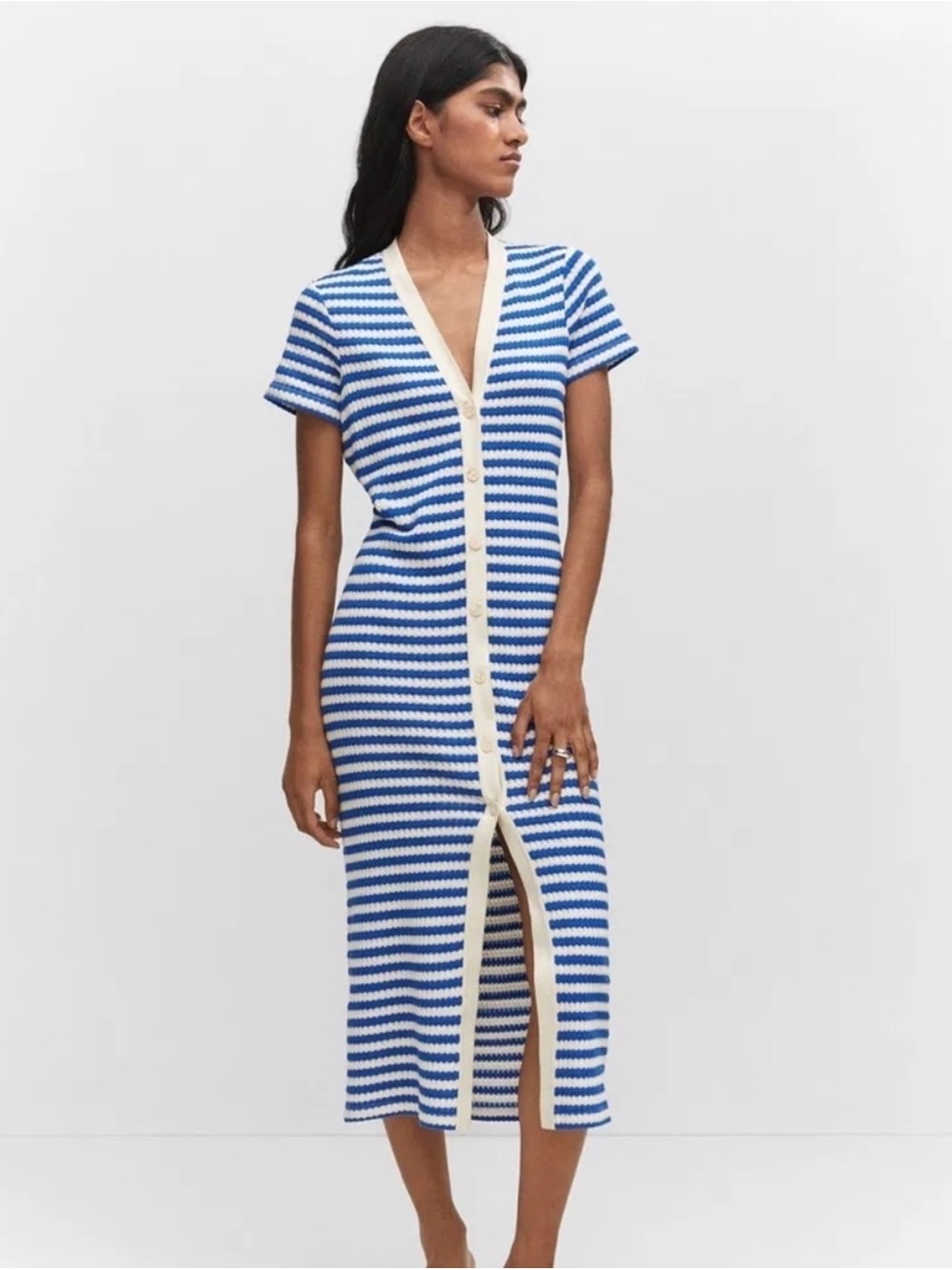 BOGO Mango Blue and White Striped Midi Button-Front Cap Sleeve Sweater Dress
